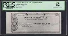 Lebanon Intra Bank Traveller’s Cheque 20 Pounds ND Photographic Proof