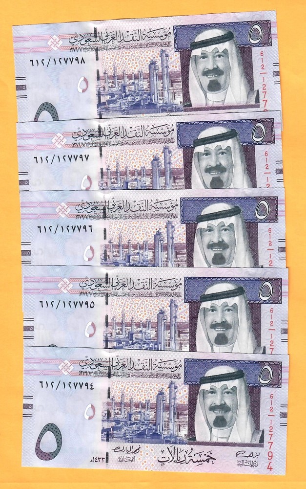 SAUDI ARABIA-5 CONSECUTIVE *5 RIYALS-2012-P.32c-SIGN 8-#127794&95&96&97&98, UNC.