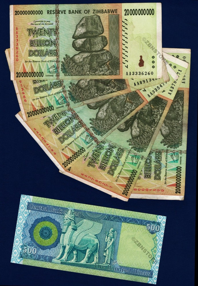 5 x 20 Billion Zimbabwe Dollars Banknotes 2008 + 500 Iraq Dinar Iraqi IQD New