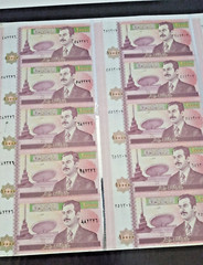 1986-2002 IRAQ 10,000 DINARS SADDAM ERA UNCUT SHEET OF 15 WITH SILVER FOIL