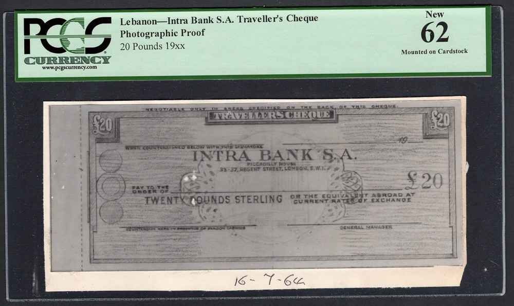 Lebanon Intra Bank Traveller’s Cheque 20 Pounds 16-7-1964 Photographic Proof