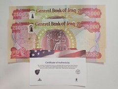 4 x 25,000 Iraq Dinar 100,000 Dinar per purchase USA seller COA included!