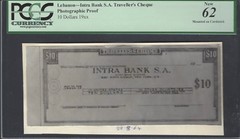 Lebanon – Intra Bank S.A Traveller’s Cheque 10 Dollars Photographic Proof UNC