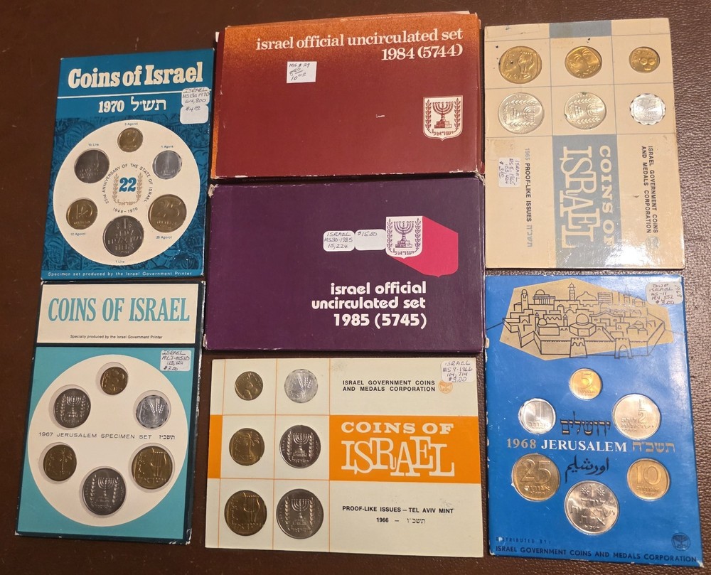 LOT OF 7 ISRAEL UNCIRCULATED COIN SETS 1965 1966 1867 1968 1970 1984 1985