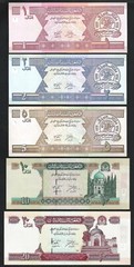 Afghanistan 5 PCS UNC Set, 1 2 5 10 20 Afghanis 2002, P 64a 65a 66a 67a 68a
