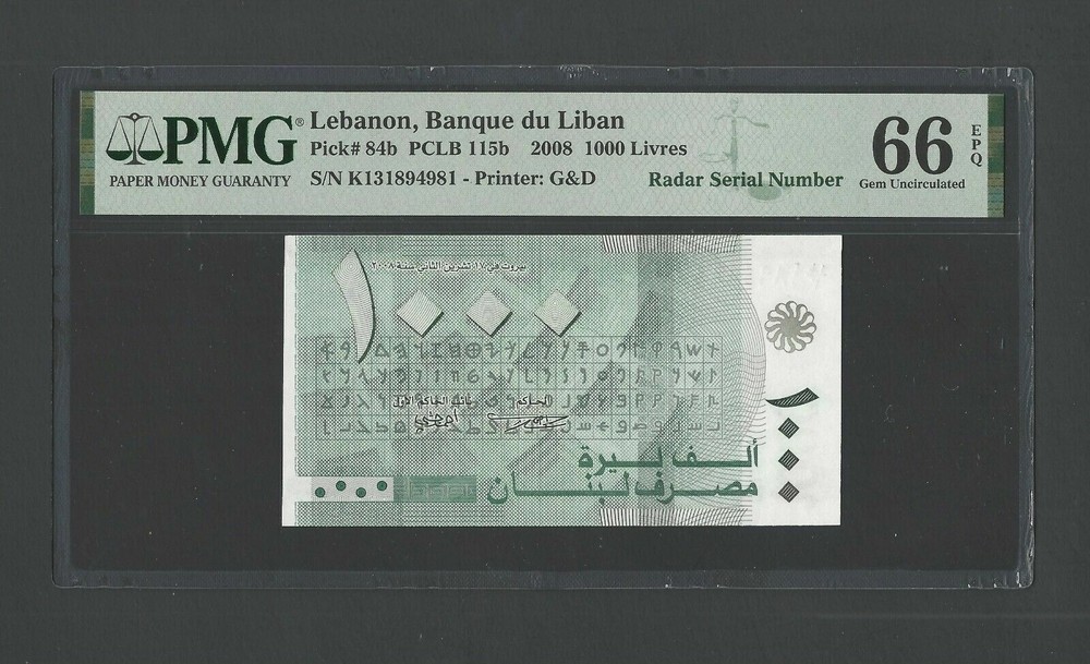 Lebanon 1000 Lira 2008 P84b “Radar S/N 1894981” Uncirculated Grade 66