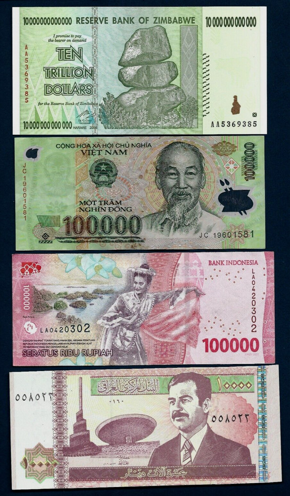 10 Trillion Zimbabwe 100000 Vietnam Dong 10000 Iraqi Dinar 100,000 Indonesia IDR