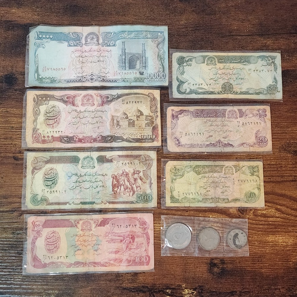 Afghanistan Banknotes & Coins Lot – Mixed Denominations 10–10,000 Afghanis