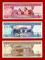 AFGHANISTAN 2002 / SH-1381 UNC Notes – 1 (P-64a), 2 (P-65a) & 5 (P-66a) Afghanis