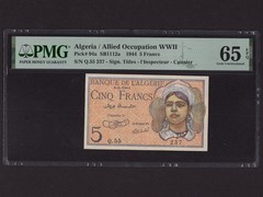 Algeria:P-94a, 5 Francs, 1944 * PMG Gem UNC 65 EPQ *