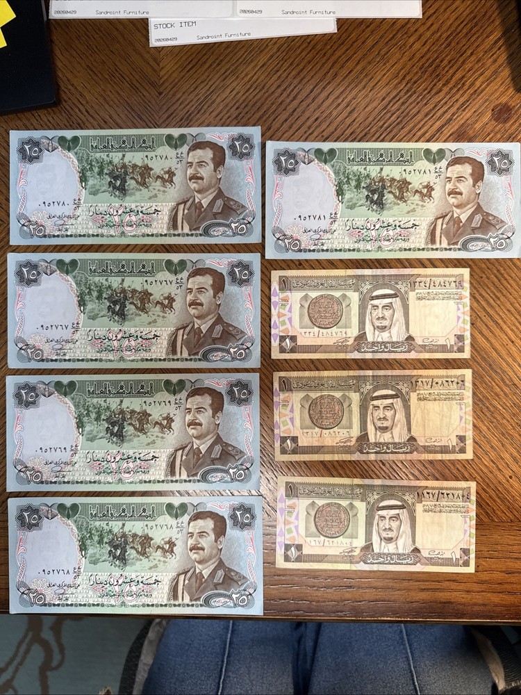 Saudi Arabia Paper Money Mix Lot Of 8 King Faisal Riyal Saddam Hussein Dinar