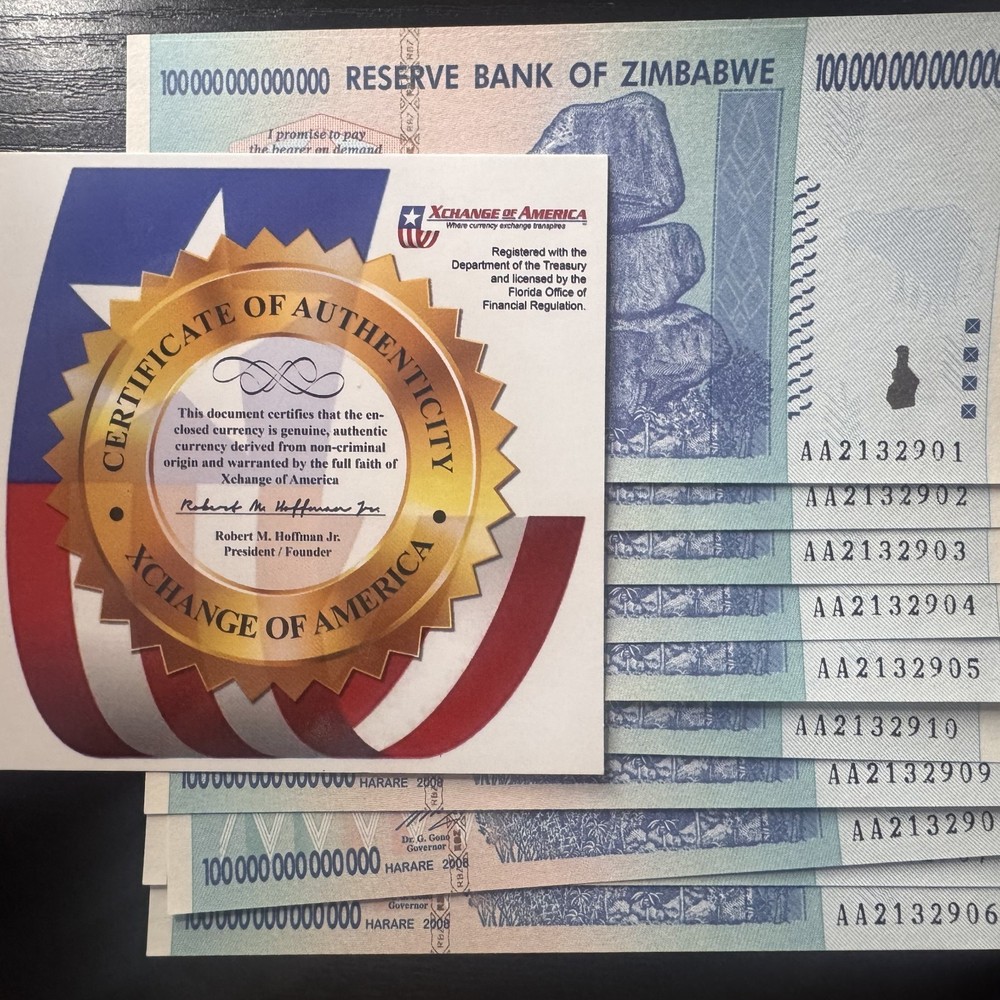 🇿🇼 ZIMBABWE 100 TRILLION DOLLAR AA/2008 P-91 LOT OF 20 UNC NOTES