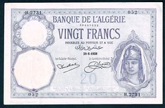 ALGERIA 20 FRANCS 1928 ~ P-78b ~ SCARCE EARLY DATE CHOICE EXTREMELY FINE NOTE