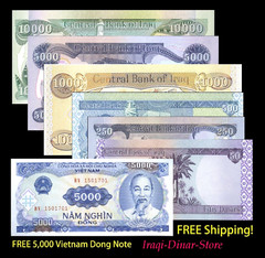 Iraqi Dinar 10 000 + 5000 + 1,000 + 500 + 250 + 50 & Free 5000 Vietnam Dong Note