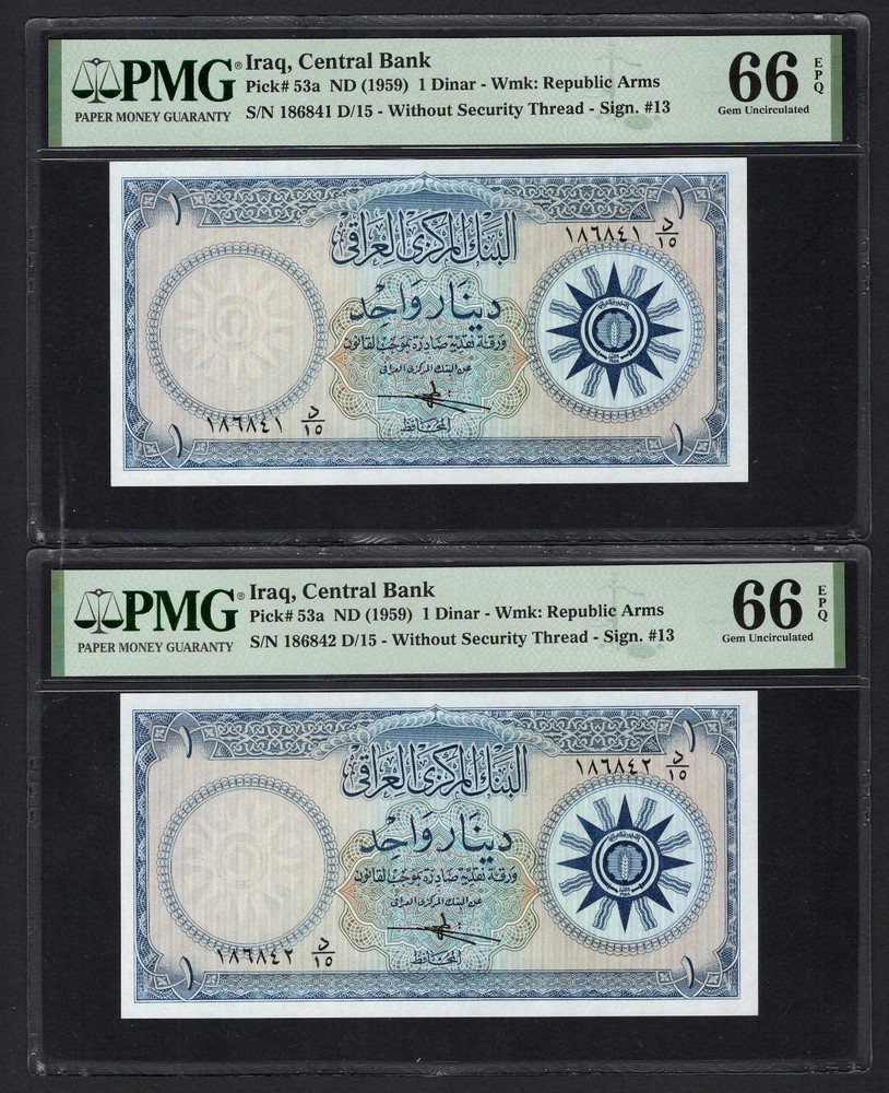 Iraq- One Dinar “2 Consecutive Banknotes” ND(1959) P53a Uncirculated Grade 66