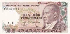 Türkiye, 5.000 Lira, 1990, UNC, p 198, 7.Emission , Serial Number: I66 / 673911
