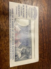International Currency Collection Envelope 2 UNC note 5 Gulden Lebanon 5 Livres