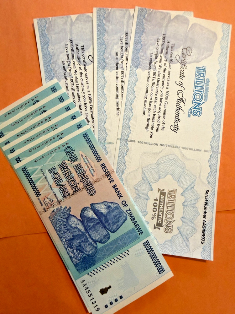 Zimbabwe 100 Trillion Dollars, UNC Banknotes AA/2008, Lot 5, Sequential Order #5