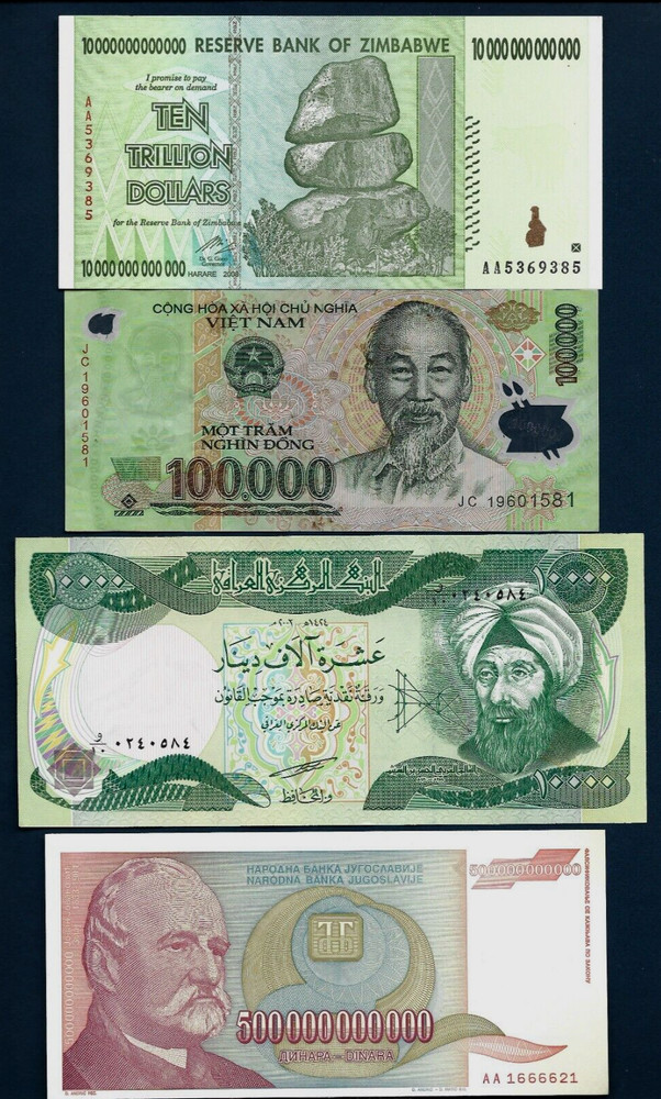 10 Trillion Zimbabwe 100000 Vietnam Dong 10000 Iraqi Dinar 500000000000 Yugoslav