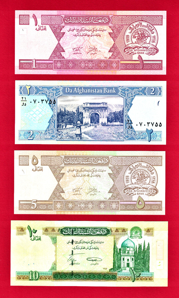 Afghanistan UNC 2002 Afghanis Notes 1 (P-64a), 2 (P-65a), 5 (P-66a), 10 (P-67Aa)